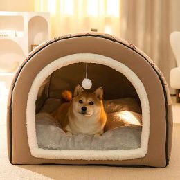 Pens Dog Cave 2 in 1 Detachable Covered Cat Bed with Ball Pendant Cat Hideaway House, Warm Washable Cozy Dog Beds for Large Dogs