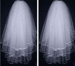 White Ivory Wedding Veils Threelayers Tulle Ribbon Pearls Beads With Comb Velos De Novia Bridal Hair Accessories 3870310