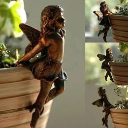 Garden Decorations Angel Girl Hanging Cup Resin Decoration Fairy Combination Flower Basket Edge Decor Design Accessories