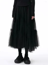 Skirts Asymmetrical Skirt Women Japan Style Autumn Spring High Waist Mesh Tutu Tulle Midi For Gothic Long Black