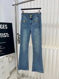 Free Shipping 2024 Blue Straight Loose Women's Jeans Designer Logo Buttons Women's Denim Pants 3017