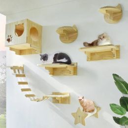 Scratchers WallMounted Cat Jumping Platform Combination with Fabric Ladder Wooden Cat Furniture for Rest and Play Cat Accessories