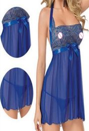 2020 New 1PC Blue Bow Lingerie Womens Robe Chemise For Women Sexy Lingerie Sleepwear Babydoll Underwear M3XL Plus Size 1pc7510971