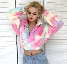 Tiedye Long Sleeve White Cropped Hoodie Women Autumn Winter Pullover Short Sweatshirt Plush Zipper Faux Fur Fluffy Women039s H7525111