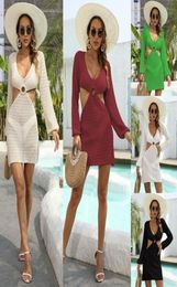 Casual Dresses Sexy Crochet Beach Cover Up Women Hollow Out Beachwear Long Sleeve Swimsuit See Through Dress Bikini CoverupsCasua4016569