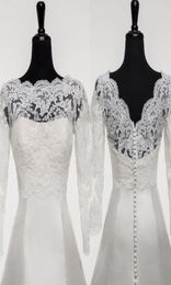 New White Ivory Appliques Wedding Jackets Shrugs Wraps Lace Bridal Boleros VBack Buttons 34 Sleeve Custom Made Jacket1133537