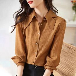 Women's Blouses Office Lady Korean Loose Blouse Spring Autumn Fashion Irregular Turn-down Collar Female Clothing Commute Single-breasted