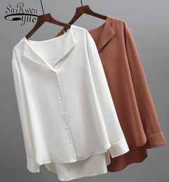 2021 Fashion Long Sleeve Chiffon Blouse Women Brown White Shirts Tunics for Women Office Style Silk Shirt Woman Blouse 5104 50 2105170086