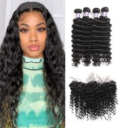 Allove Hair Deep Wave 4pcs Hair Bundles With 13x25 Ear to Ear Lace Frontal Closure Deep Curly Human Hair Bundles With Closure4628775