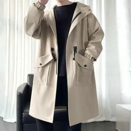 Men's Trench Coats Men Hooded Windbreaker Streetwear Coat With Hood Windproof Mid-length Jacket Elastic Cuff Solid Color Zipper