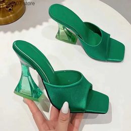 Dress Shoes Summer Green Womens Shoes Slippers Silky Wide Band Transparent Strange High Heels Comfortable PU Leather Slides Sandals PumpsH2431