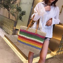 Shoulder Bags 2023 Women Rainbow Colour Handbag Beach Bag Rattan Woven Handmade Knitted Str Large Capacity Tote Leather Women Shoulder Bag T240301