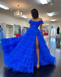 Tulle Multi-Layer Prom Dresses 2024 Royal Blue Vestidos De Noche Off The Shoulder Side Split Females Special Ocn Dress 326 326