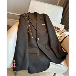 Women's Suits Insozkdg 2024 Spring Autumn Women Suit Jacket Fashion Pink Buckle Contrast Black Leisure All-match Casual Blazer Tops