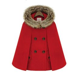 Woolen Female Elegant Poncho and Capes Coat Women Hooded Cape Fur Collar Double Breasted Winter Loose Street Short Overcoat Red 207948752