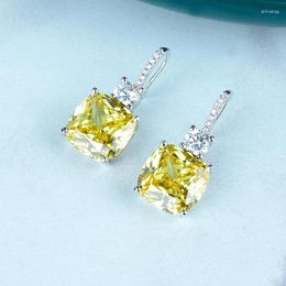Stud Earrings Fashion Brand Pure 925 Sterling Silver Yellow Square Ladies Luxury Zircon Banquet Jewelry. Engagement Gift