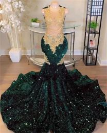 Sparkly Dark Green Mermaid Prom Dresses For Black Girls Golden Lace Appliques Beads Tassels Velvet Sequins Party Gown BC18147