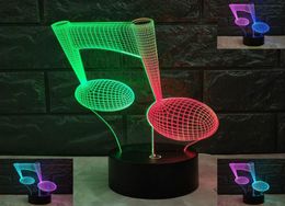LED Modern Musical Note Night Light 3D Lamp musical Illusion Luminaria Bedside Lamp 7colors changing Music Mood Lamp Whole Dro9825188