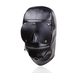 New Design Bondage Gear Hood Muzzle Harness with Detachable Eye Pad Black Leather Mask with Zipper at Mouth Fetish Sex Toy Gimp B08191571