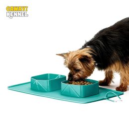 Feeding CAWAYI KENNEL Collapsible Dog Double Bowls with Antislip Mat Portable Silicone Puppy Travel Bowl for Small Large Dogs Pet Feeder