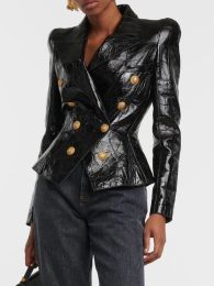 Blazers HIGH STREET 2024 Classic Baroque Designer Jacket Women's Metal Lion Buttons Double Breasted Artificial Leather Blazer