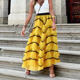 Skirts High-waisted Skirt Gauze Elegant High Waist A-line Maxi With Ruffle Contrast Color Pleated Patchwork For Big A