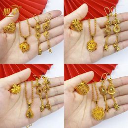 Necklace Earrings Set Bridal Gold Plated Pendant Necklace/Earrings/Ring Jewellery Dubai 3Pcs Flower Chain Gifts Wholse For Wedding