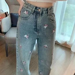 Women's Jeans Blue Trousers Embroidered Womens High Waist S Straight Leg Pants For Women With Pockets Spanx Grunge Y2k Good Quality A