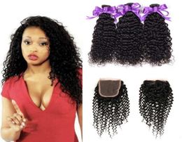 Brazilian Kinky Curly Human Hair 3 Bundles With 4x4 Lace Closure Cheap Brazilian Curly Virgin Human Hair Weave Extensions With Clo3401141