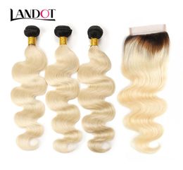 9A Ombre 1B613 Color Blonde Lace Closures With 3 Bundles Brazilian Virgin Human Hair Weave Body Wave Peruvian Malaysian Indian E7528767