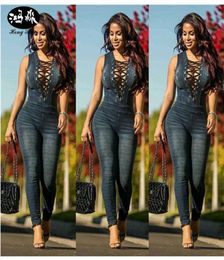 Whole 2017 Women Denim Jumpsuit Ladies Club Night Wear Playsuit Rompers Sexy Sleeveless Slim Bodysuit Femme Blue Women039s3394777