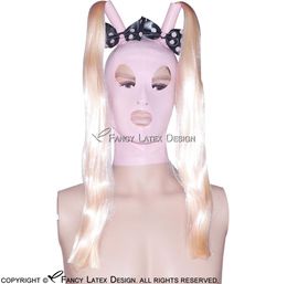 Pink With Black Sexy Pigtail Latex Hood Wigs Hairs And Dot Bows Zipper Open Eyes Mouth Nostril Rubber Mask 00475904153