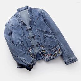 Women's Jackets Women Retro Denim Jacket Solid-color Lapel Chinese Style Embroidery Coat For With Slim Fit Turn-down Collar