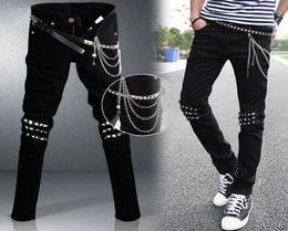 Mens Punk Rock Black Jeans Lap Hip Rivet Slim Fit Biker Denim Pants Boys DJ Singer Stage Ripped Skinny Jeans With Belts Chains7243625