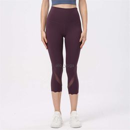 2024SS Lu Pant Lemon Yoga Mesh Yoga Cropped Leggings Fitness Squatproof Plus Size High Waist Women Sports Pants Stitching Moisture Wicking Gym