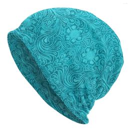 Berets Winter Warm Men Knitting Hat Adult Unisex Turquoise Leather Texture Look Skullies Beanies Embossed Floral Pattern Bonnet Hats