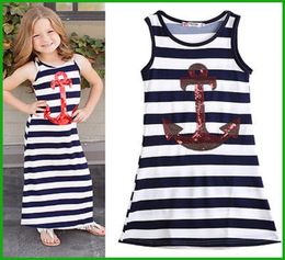 2016 top fashional style girls navy anchor sleeveless striped dresses children kids sequined blue white stripes party vestidos 2244571