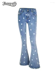 Women's Jeans Benuynffy Star Print Flared Woman Vintage High Waist Bell Bottom Women Street Casual Slim Stretch Denim Trousers