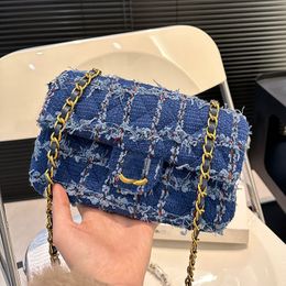 Women Designer Shoulder Bag Blue Plain Knitting Tweed Classic Flap 20/25cm Two-tone Stripes Decoration Gold Metal Hardware Matelasse Chain Cross Body Handbag Purse