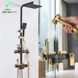 Control Lcd Thermostatic Shower Set Black and Gold Rainfall Bathroom Faucet Shower System with Handshower and Bidet Tap with Tub Spout