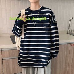 T-shirt mens Instagram trend versatile spring and autumn long sleeved loose bottomed shirt high street casual striped pullover top