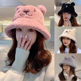 Berets Cute Bear Ears Thick Autumn Winter Fisherman Hat Soft Plush Basin Fur Bucket