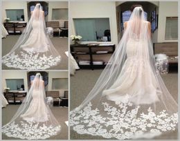 2020 Cheapest In Stock Long Chapel Length Bridal Veil Appliques Veu De Noiva Longo Wedding Veil Lace Purfle with Comb 3208796