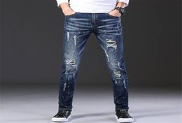 2020 Fashion Casual Jeans Mens Straight Stretch Dot Craft Little Feet Skinny Jens Men Scratched Blue Hole Denim Tide PantsES6862148506
