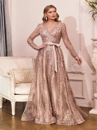 Party Dresses 2024 Elegant Grand Lace Floral Print V Neck Back Zipper And Floor Long Sleeve Decorative Prom Dress Bride Groom Mother