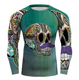 Men Full Printing Floral Skull Tshirt Long Sleeve Sportswear Rash Guards Men Workout Cycling Running MMA BJJ NO GI Tee Tops 201115339917