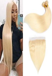 Brazilian Virgin Hair 613 Blonde 2 Bundles With 13X4 Lace Frontal Pre Plucked Straight Human Hair Bundle With Frontal Baby Hairs5950769