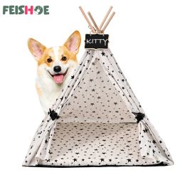 Mats Canvas Pet Tent Pet Teepee Dog Tent House Cat Bed Puppy Cat Indoor Outdoor Pet Teepee with Cushion Portable Dog Tent Supplies
