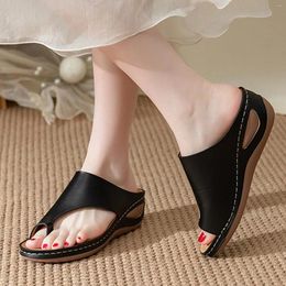 Slippers Womens Casual Fashion Solid Colour PU Leather Platform Wedge Flip Flops Lightweight Comfortable Flat Roman Sandals