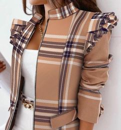 Women039s Jackets Plaid Print Women 2021 Fall Ruffles Long Sleeve Zipper Up Coat5695475